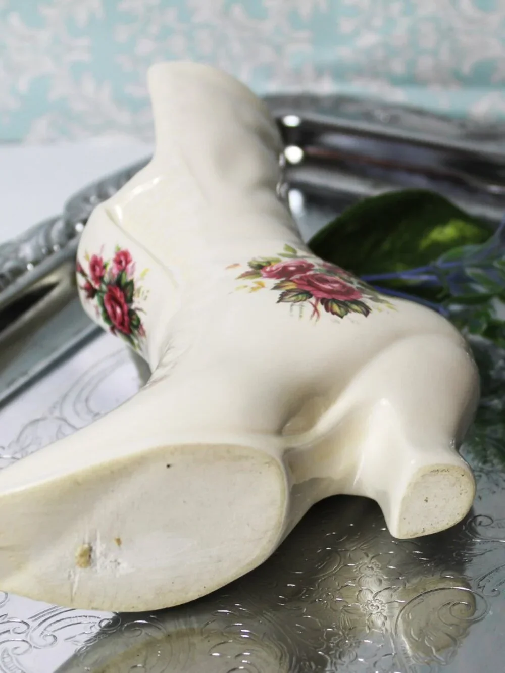 Vintage Ceramic Boot Vase Floral Roses Victorian Style Ladies Boot Cottagecore